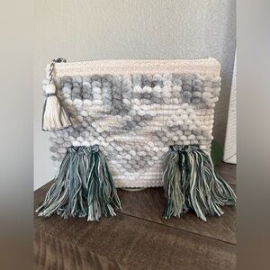Universal Thread Cream and Gray Textured Tassel Accent Pouch with Green Accents